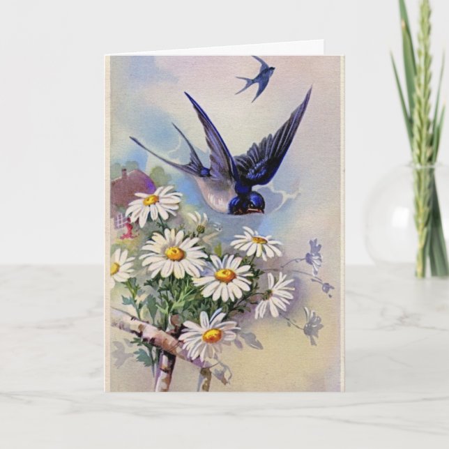 Vintage Easter Blue Swallows Greeting Card (Front)