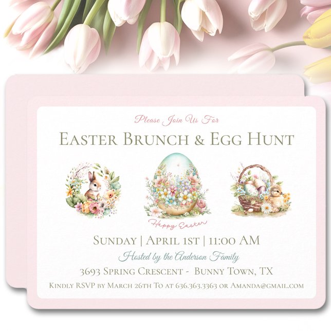Vintage Easter Brunch Egg Hunt Pink Invitation (Vintage Easter Brunch Egg Hunt Pink Invitation)