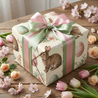 Vintage Easter Bunnies and Easter Eggs Cute Pastel Wrapping Paper Sheet