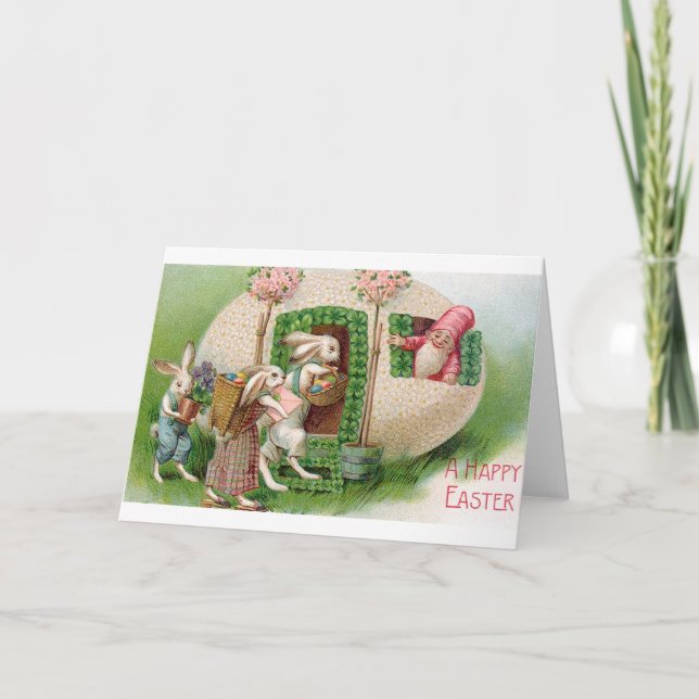 Vintage Easter Bunnies And Gnome Card (Front)