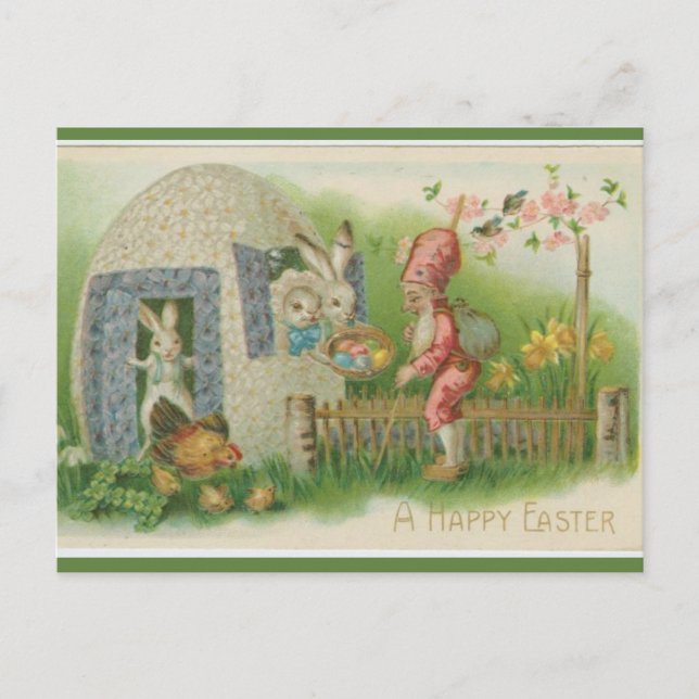 Vintage Easter Bunnies Chicken sand Gnome Easter Postcard (Front)
