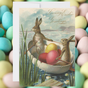 Vintage Easter Bunnies in a Boat with Easter Eggs Invitation