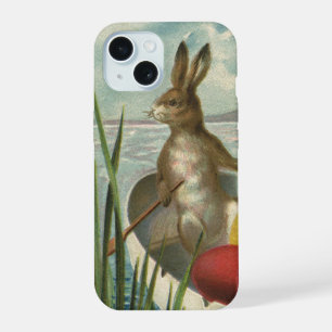 Vintage Easter Bunnies in a Boat with Easter Eggs iPhone 15 Case