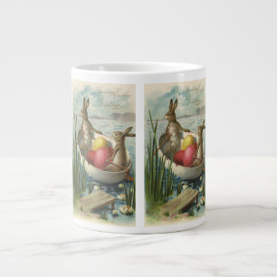 Vintage Easter Bunnies in a Boat with Easter Eggs Large Coffee Mug