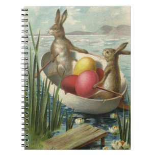 Vintage Easter Bunnies in a Boat with Easter Eggs Notebook
