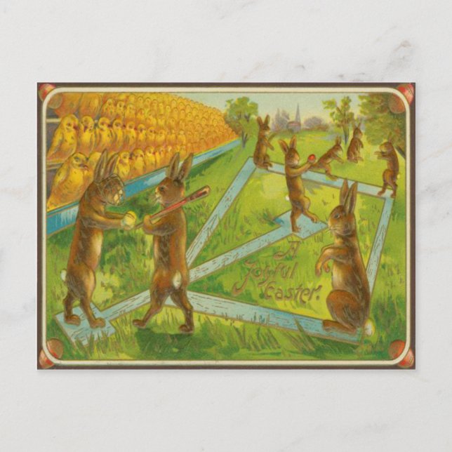 Vintage Easter Bunnies Playing Baseball Chicks Holiday Postcard (Front)