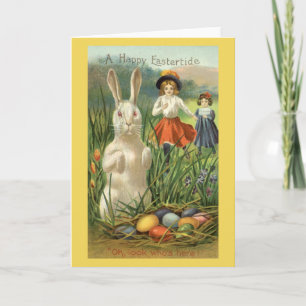 Vintage Easter Bunny and Children Happy Eastertide Holiday Card