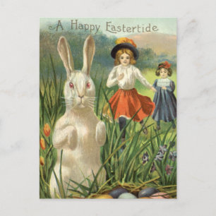 Vintage Easter Bunny and Children Happy Eastertide Holiday Postcard