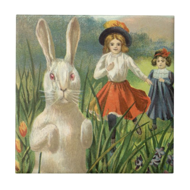 Vintage Easter Bunny and Children Happy Eastertide Tile (Front)