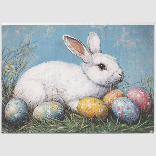 Vintage Easter Bunny and Eggs Illustration Tissue Paper (Front)