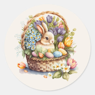 Vintage Easter Bunny Basket Pastel Flowers Classic Round Sticker