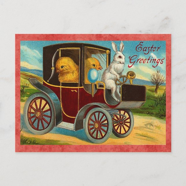 Vintage Easter Bunny Car Ride Holiday Postcard (Front)