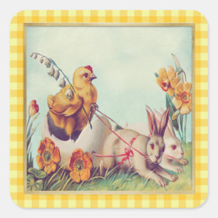 Vintage Easter Bunny & Chick in Buffalo Checks Square Sticker