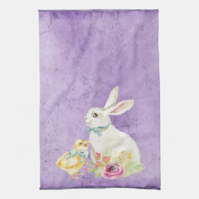 Vintage Easter Bunny Chick Purple Pretty Tea Towel (Vertical)