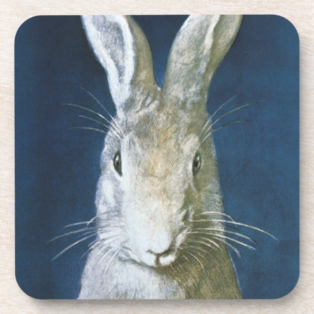Vintage Easter Bunny, Cute Furry White Rabbit Coaster (Front)