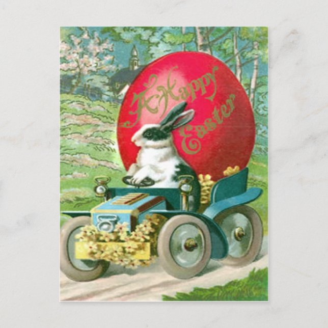 Vintage Easter Bunny Driving Car Easter Egg Card (Front)