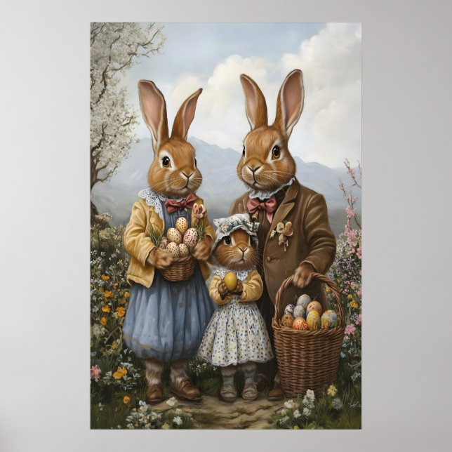 Vintage Easter Bunny Family Art, Spring Nursery Poster (Front)
