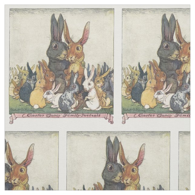 Vintage Easter bunny family textile Fabric (Swatch)