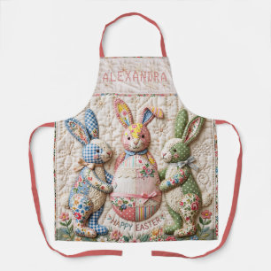 Vintage Easter Bunny Faux Patchwork Quilt Print Apron