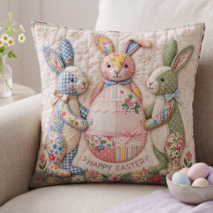 Vintage Easter Bunny Faux Patchwork Quilt Print Cushion