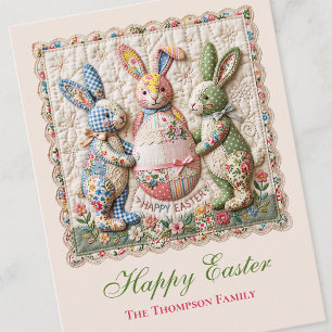 Vintage Easter Bunny Faux Patchwork Quilt Print Holiday Postcard