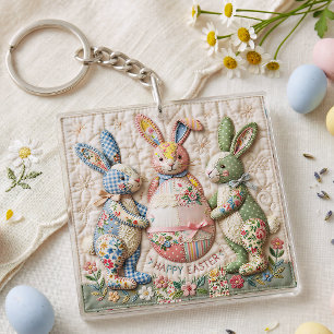 Vintage Easter Bunny Faux Patchwork Quilt Print Key Ring