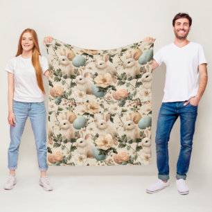 Vintage Easter Bunny Floral (1) Fleece Blanket