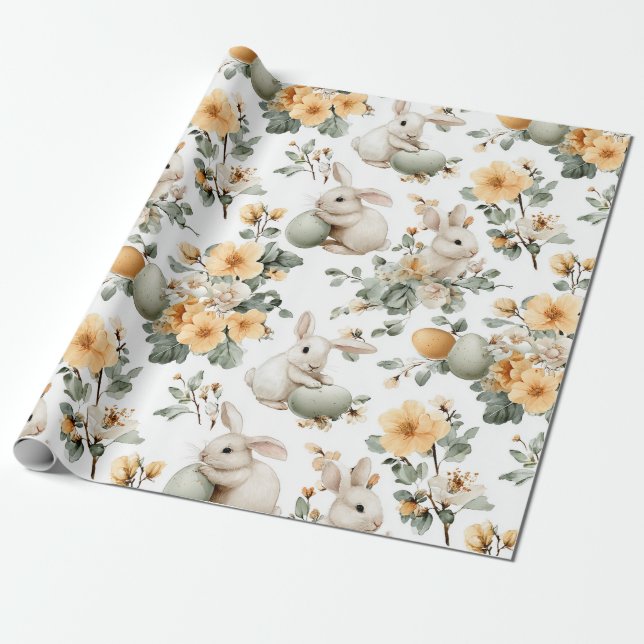Vintage Easter Bunny Floral (2) Wrapping Paper (Unrolled)