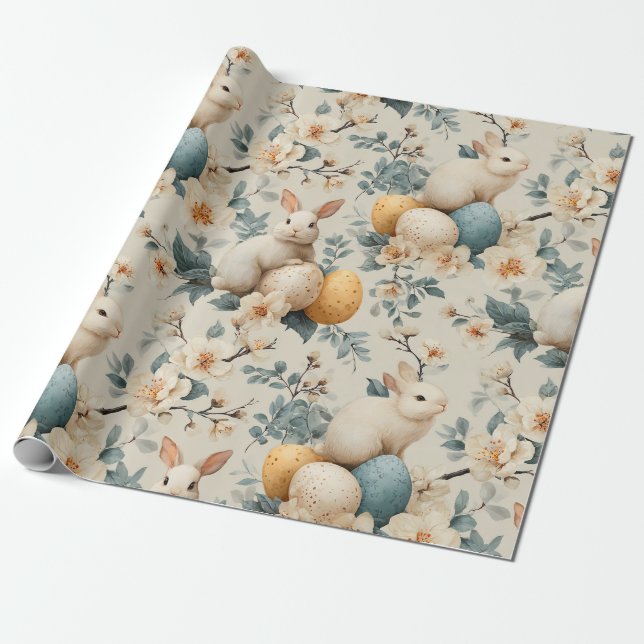 Vintage Easter Bunny Floral (3) Wrapping Paper (Unrolled)