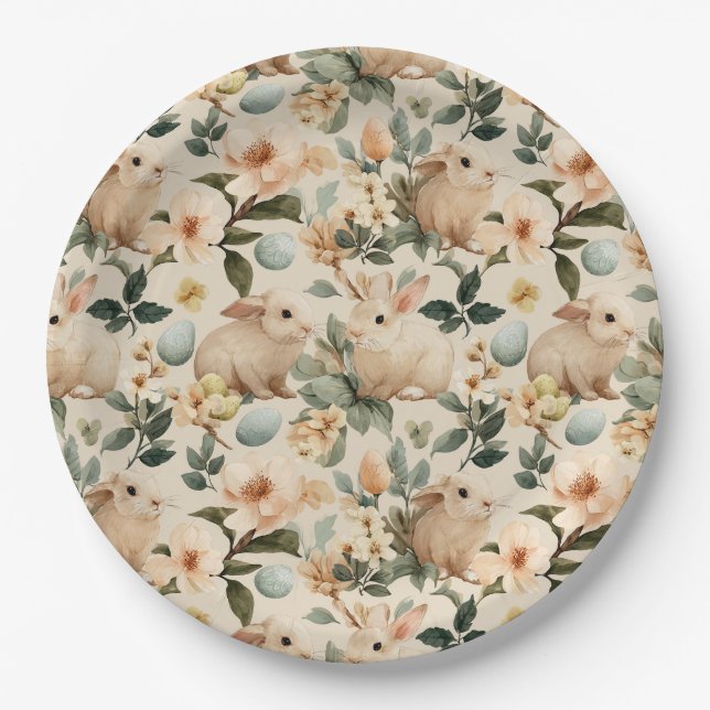 Vintage Easter Bunny Floral (4) Paper Plate (Front)