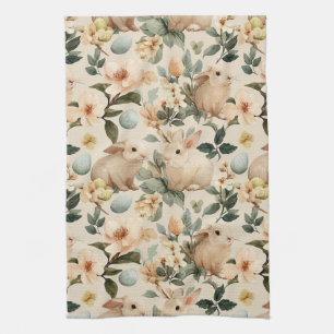 Vintage Easter Bunny Floral (4) Tea Towel