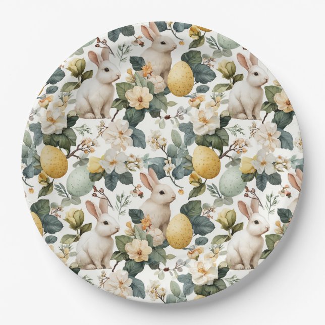 Vintage Easter Bunny Floral (7) Paper Plate (Front)