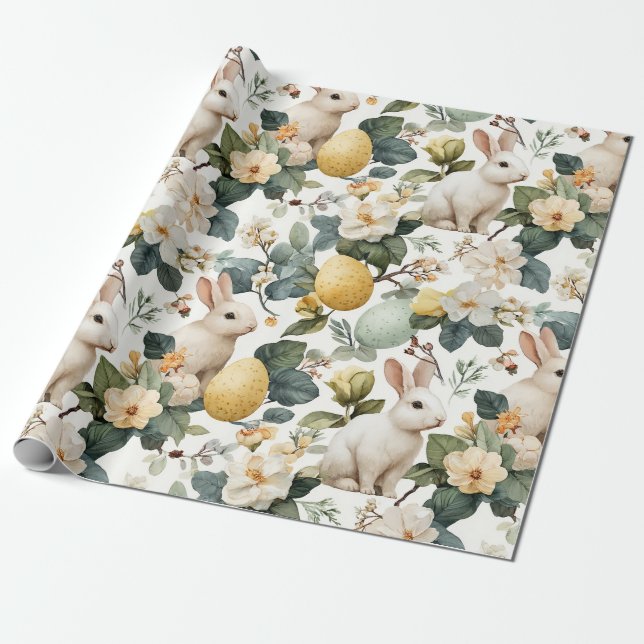 Vintage Easter Bunny Floral (7) Wrapping Paper (Unrolled)