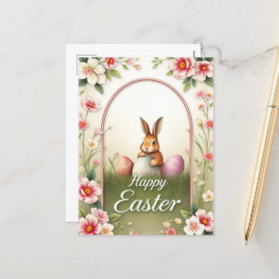 Vintage Easter Bunny & Floral Frame Classic Easter Holiday Postcard