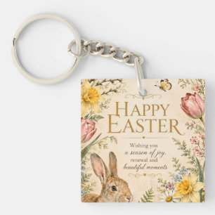 Vintage Easter Bunny Greeting Garden flowers Key Ring