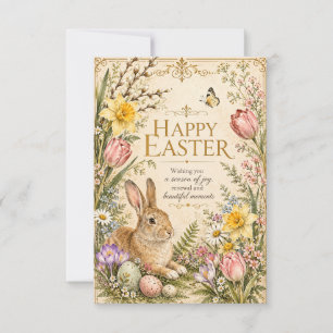 Vintage Easter Bunny Greeting Garden flowers Thank You Card