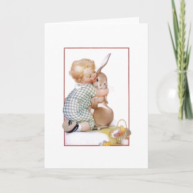 Vintage Easter Bunny Hugs Greeting Card (Front)