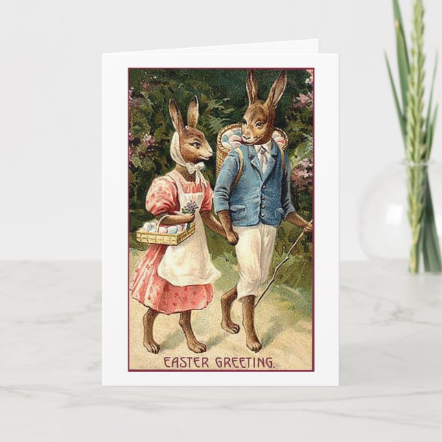 Vintage Easter Bunny Loving Couple, Holiday Card (Front)