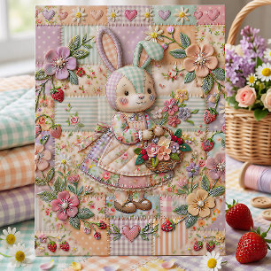Vintage Easter Bunny Patchwork Floral Strawberry Holiday Postcard