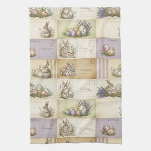 Vintage Easter Bunny Postcard Collage Tea Towel