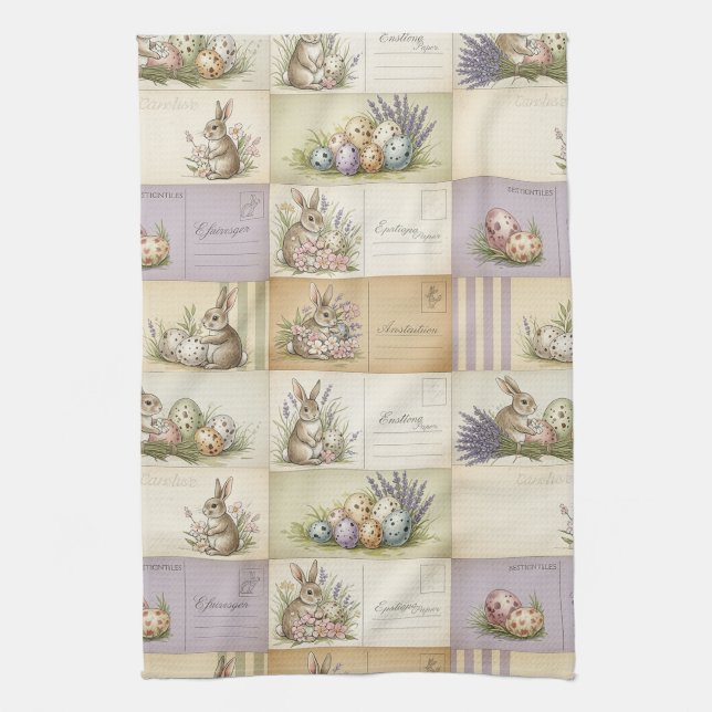Vintage Easter Bunny Postcard Collage Tea Towel (Vertical)