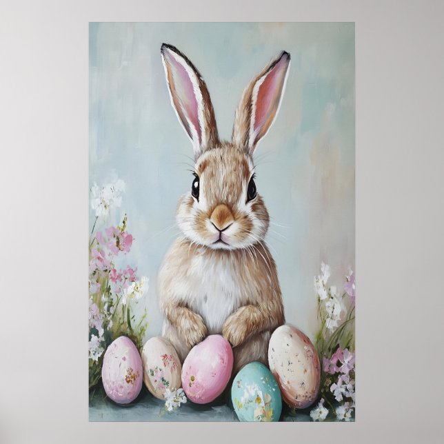 Vintage Easter Bunny Print, Pastel Spring Rabbit Poster (Front)