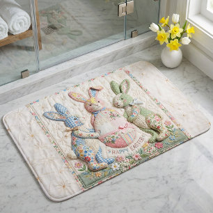 Vintage Easter Bunny Quilted Style Print Bath Mat