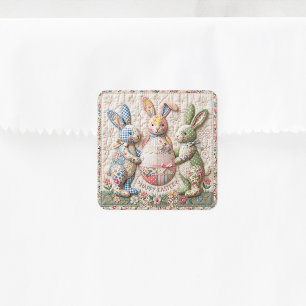 Vintage Easter Bunny Quilted Style Print Square Sticker