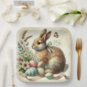 Vintage Easter Bunny Rabbit Egg Watercolor Paper Plate