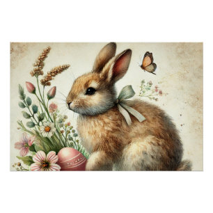Vintage Easter Bunny Rabbit Egg Watercolor Poster