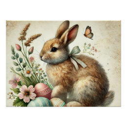 Vintage Easter Bunny Rabbit Egg Watercolor Poster