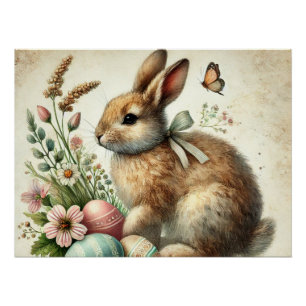 Vintage Easter Bunny Rabbit Egg Watercolor Poster