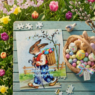 Vintage Easter Bunny Rabbit Kids Personalised Jigsaw Puzzle