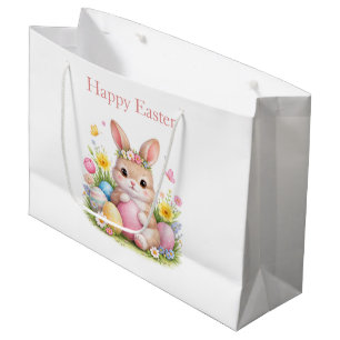 Vintage Easter Bunny Rabbit Pink Floral Watercolor Large Gift Bag